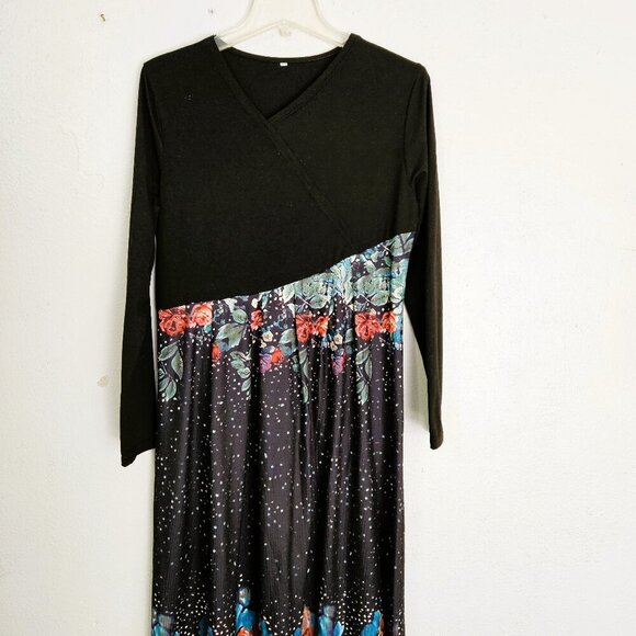 Generic Casual Stitching flower Print Elegant Black Midi Dress Size Medium - Picture 2 of 6